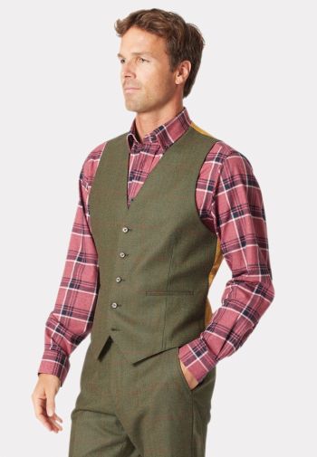 Regular Fit Dalton Olive Check Wool Waistcoat