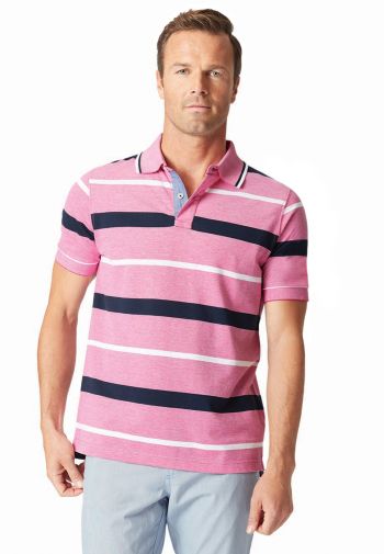 Devizes Raspberry with Navy and White Hoop Soft Handle Pique Polo Shirt