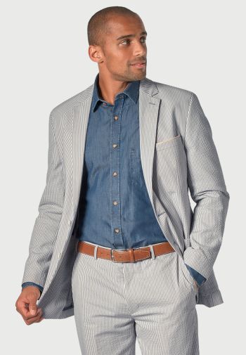 Tailored Fit Drewett Blue Stripe Cotton Stretch Seersucker Trouser Suit