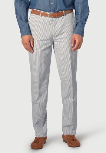 Tailored Fit Drewett Blue Stripe Cotton Stretch Seersucker Suit Trouser