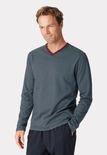 Embsay Long Sleeve Navy and Denim Blue Stripe V-Neck T-Shirt