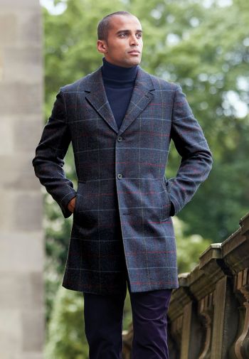 Haincliffe Blue Overcheck Tweed Wool Overcoat