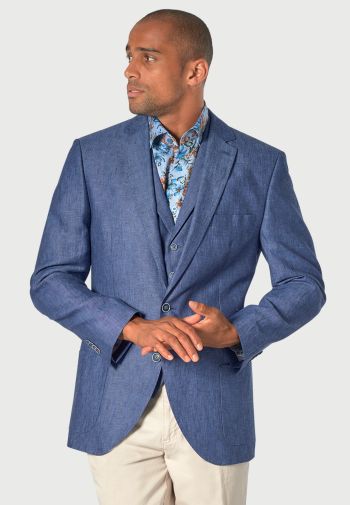 Tailored Fit Leeds Blue Linen Jacket - Matching Waistcoat Optional
