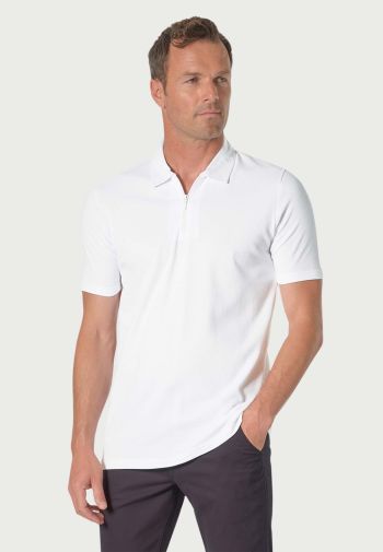 Newcombe Pure Cotton White Textured Zip Neck Polo Shirt