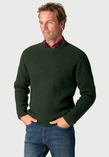 Pickering Forest Green Lambswool Guernsey Ribbed Crew Neck Jumper