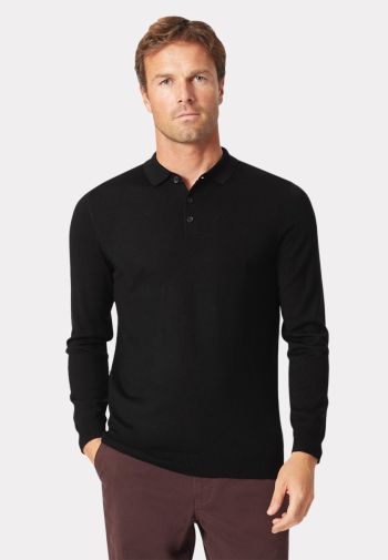 Plockton Black Merino Wool Long Sleeve Polo Shirt