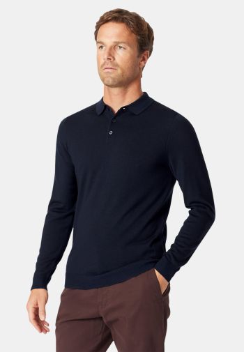 Plockton Navy Merino Wool Long Sleeve Polo Shirt