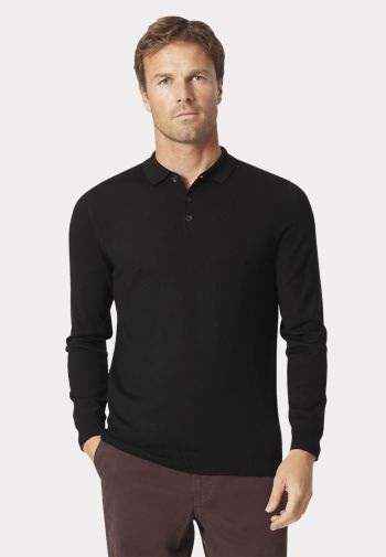Plockton Black Merino Wool Long Sleeve Polo Shirt