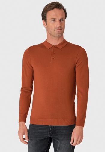 Plockton Burnt Orange Merino Wool Long Sleeve Polo Shirt
