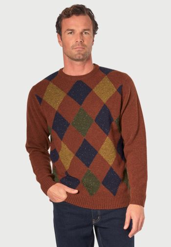 Rievaulx Rust with Navy, Forest and Moss Diamonds 7 Gauge Intarsia Crew Neck Jumper