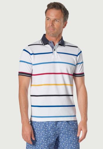 Sandham Pure Cotton White Stripe Pique Polo Shirt