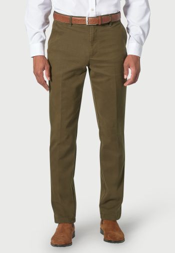 Regular and Tailored Fit Seychelles  Olive Cotton Blend Twill Trouser