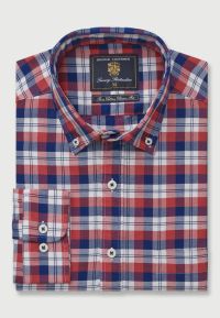Regular and Tailored Fit Red, Blue and White Check Washed Cotton Oxford Shirt
