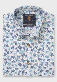 Regular Fit Blue and Turquoise Palm Print Short Sleeve Linen Cotton Shirt
