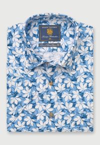 Regular Fit Blue Floral Print Linen Cotton Short Sleeve Shirt