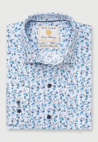 Tailored Fit Blue and Aqua Floral Cotton Shirt