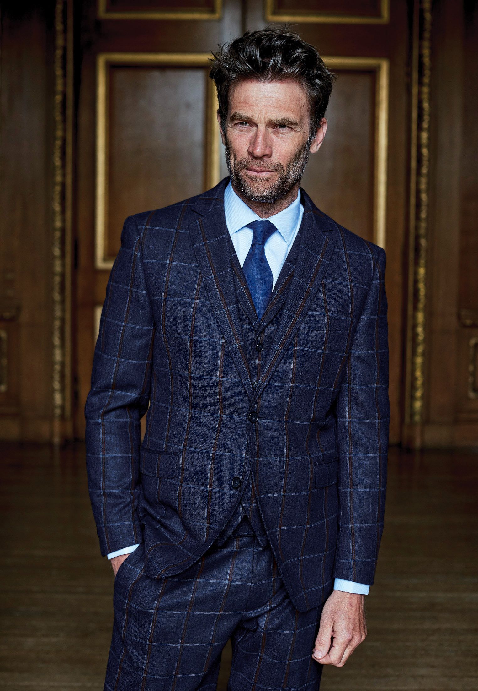Tailored Fit Dark Navy Check Wool Suit