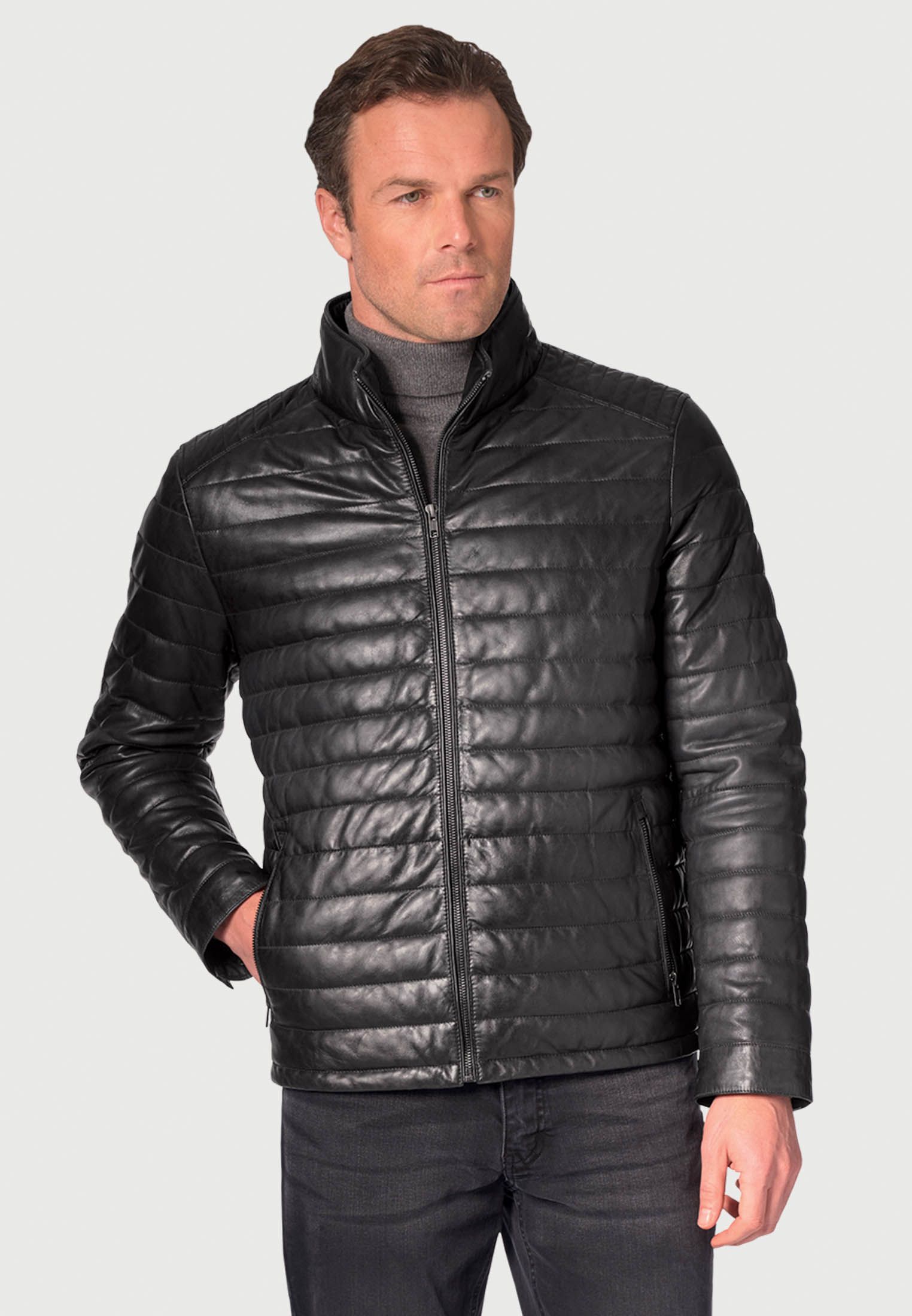 Regular Fit Black Leather Baffle Jacket