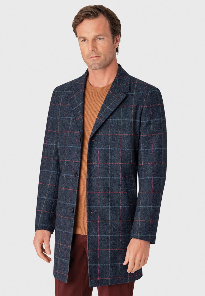 Regular Fit Blue Overcheck Tweed Wool Overcoat
