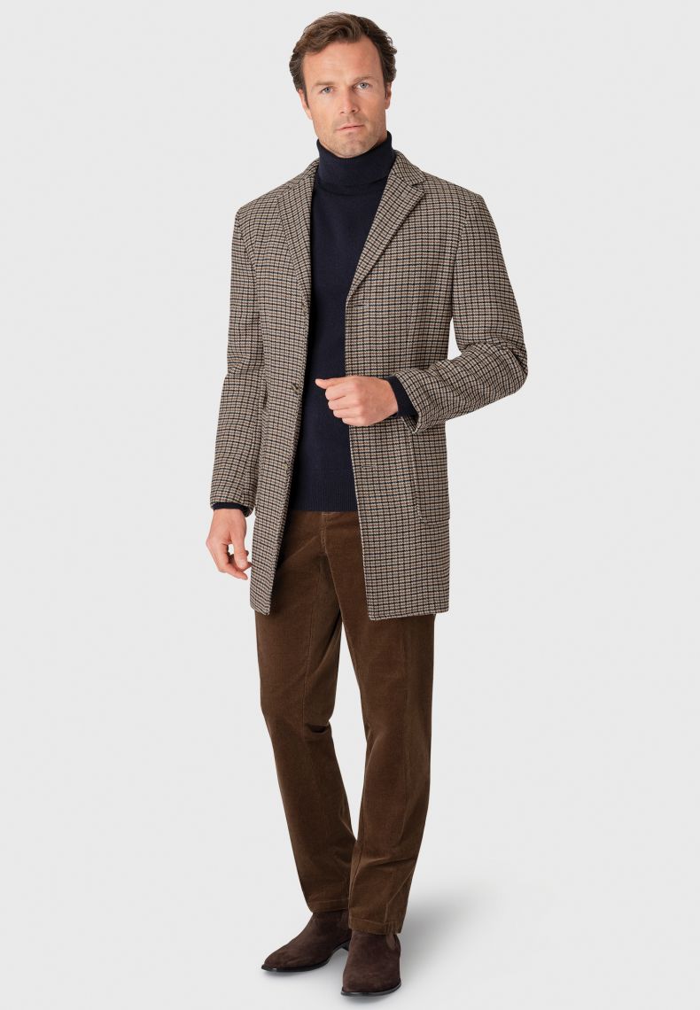 Regular Fit Fawn Houndstooth Check Shortie Overcoat