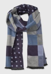 Blue Navy and Grey Check and Spot Double Faced Scarf