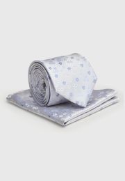 Pure Silk Sky Blue Floral Tie and Hanky Set