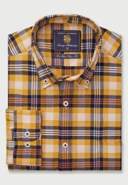 Regular and Tailored Fit Gold, Navy and Ginger Check Washed Cotton Oxford Shirt
