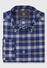 Regular and Tailored Fit Navy, Blue and White Check Washed Cotton Oxford Shirt