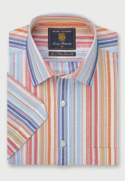 Regular Fit Blue, Peach, Turquoise, Rose and Sand Stripe Short Sleeve Linen Cotton Shirt