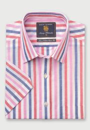 Regular Fit Blue, Rose and Pink Stripe Short Sleeve Linen Cotton Shirt