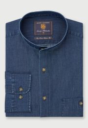Regular and Tailored Fit Navy Chambray Grandad Collar Cotton Shirt