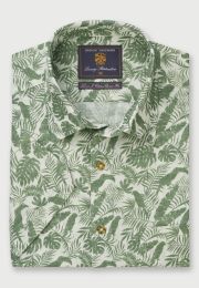 Regular Fit Sage Leaf Print Print Short Sleeve Linen Cotton Shirt
