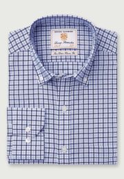 Regular Fit Navy and Sky Blue Check Stretch Cotton Oxford Shirt