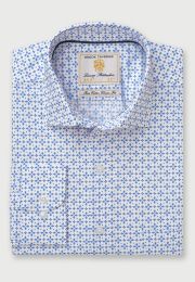 White, Sky Blue and Navy Geometric Print Cotton Poplin Shirt