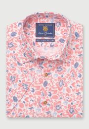 Regular Fit Rose Floral Print Linen Cotton Short Sleeve Shirt