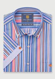 Regular Fit Navy Multicoloured Stripe Cotton Short Sleeve Shirt