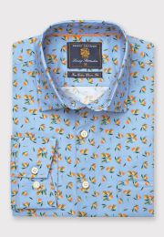 Regular and Tailored Fit Sky Blue with Oranges Print Cotton Shirt