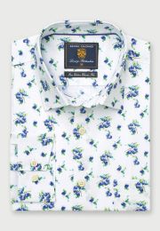 Regular and Tailored Fit White with Plums Print Cotton Shirt