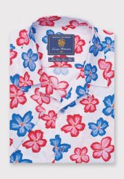 Regular Fit Red and Blue Flower Print Short Sleeve Cotton Shirt