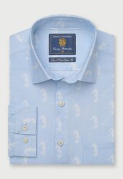 Regular and Tailored Fit Blue with Seahorses Print Linen Cotton Shirt