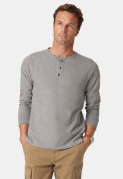Holkham Pure Cotton Silver Grey Marl Long Sleeve Henley T-Shirt