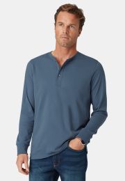 Holkham Pure Cotton Airforce Blue Long Sleeve Henley T-Shirt