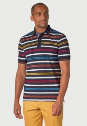 Sandham Pure Cotton Navy Stripe Pique Polo Shirt