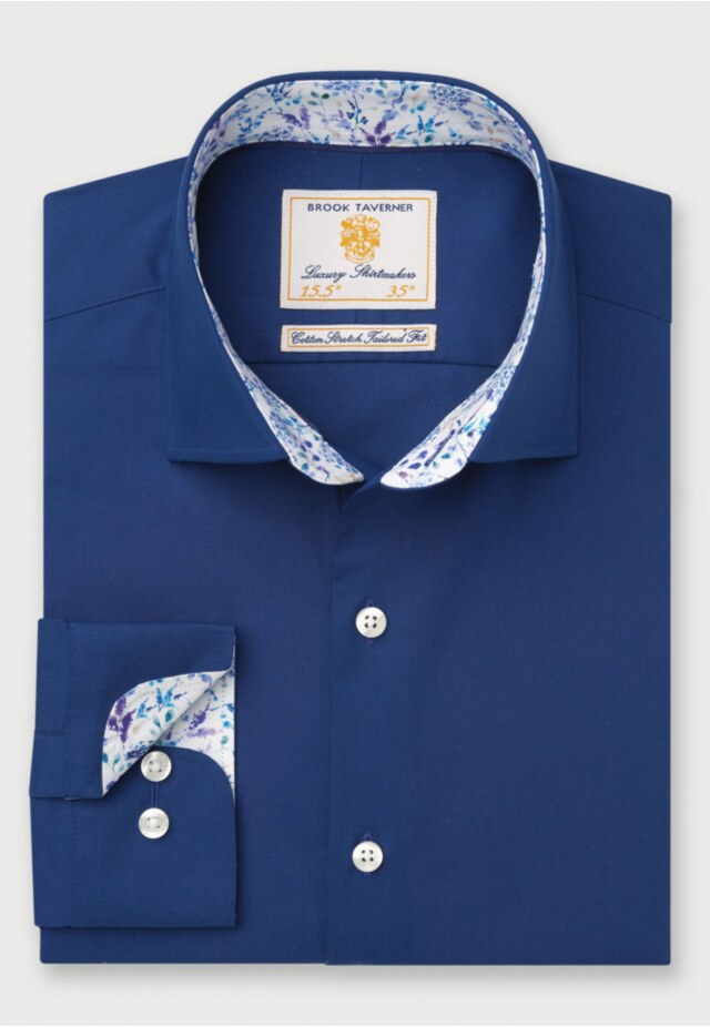 Tailored Fit Navy Herringbone Stretch Cotton Shirt - 33.5" Sleeve