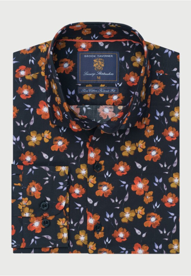 Tailored Fit Black Floral Print Cotton Shirt