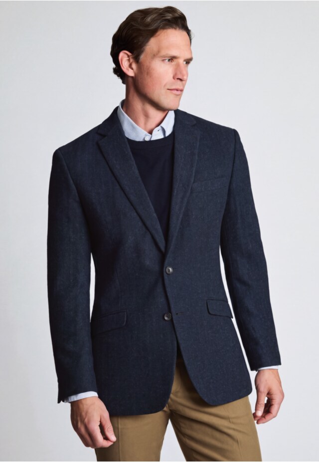 Tailored Fit Dunster Navy Wool Blend Herringbone Jacket