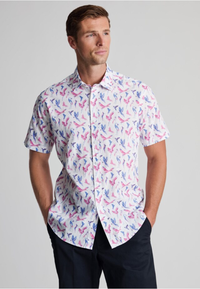 Regular Fit Pink Bird Print Short Sleeve Shirt