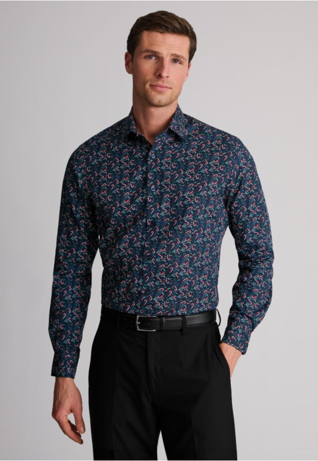 Regular Fit Navy Candy Cane Print Cotton Shirt