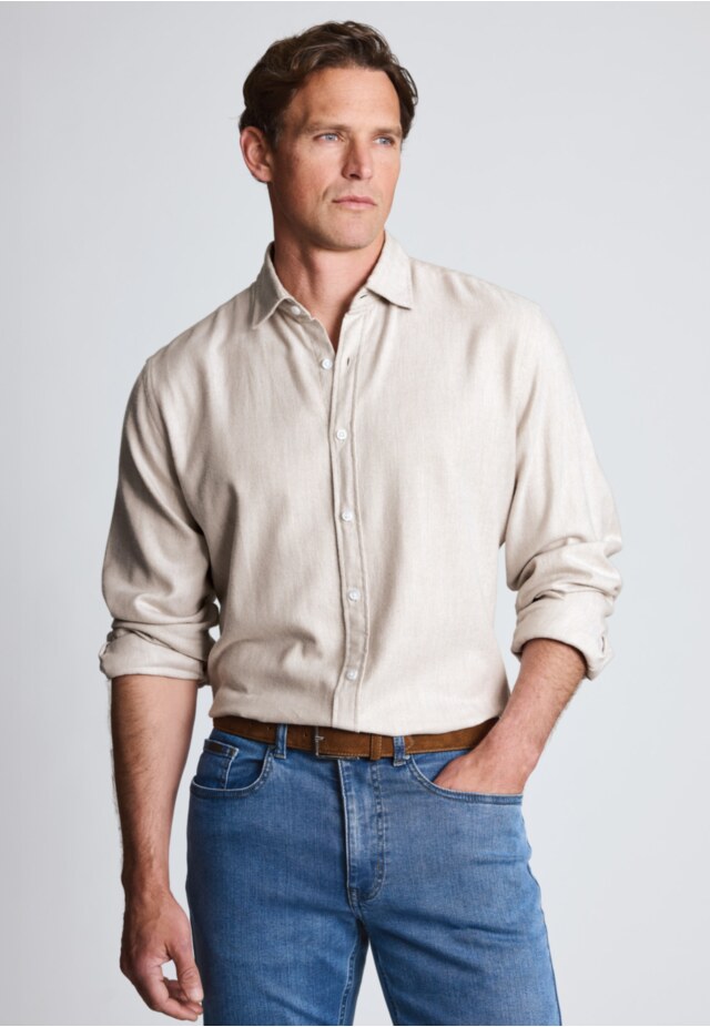 Regular Fit Stone Herringbone Brushed Cotton Shirt