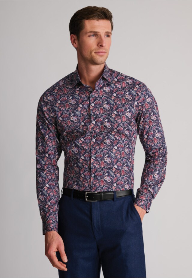 Regular Fit Burgundy Ornate Leaf Print Cotton Shirt